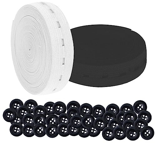 Tucireat Elástica Plana con Ojal 2 Rollos Cinta Elástica con Orificio de Botón Cinta Elastica Costura Poliéster Elástico Ojal Elásticocon Elástico de Carrete Banda de Costura con 50 Botones de Resina