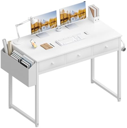 Lufeiya Kleiner Schreibtisch Weiß mit 3 Schubladen,PC Schreibtisch 100cm Klein Computertisch mit Stauraum für Büro HomeOffice 100x50x79 cm