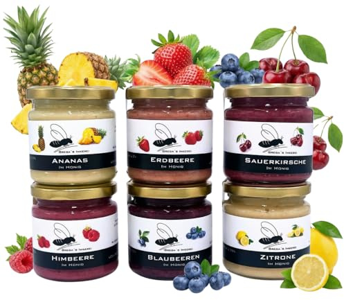 Gregas Imkerei 6er Frucht im Honig Set – Honigsüßer Brotaufstrich aus Familienimkerei mit gefriergetrockneten Früchten verfeinert – ideal als Probier- & Geschenkset | 6x 250g (verschiedene Früchte)