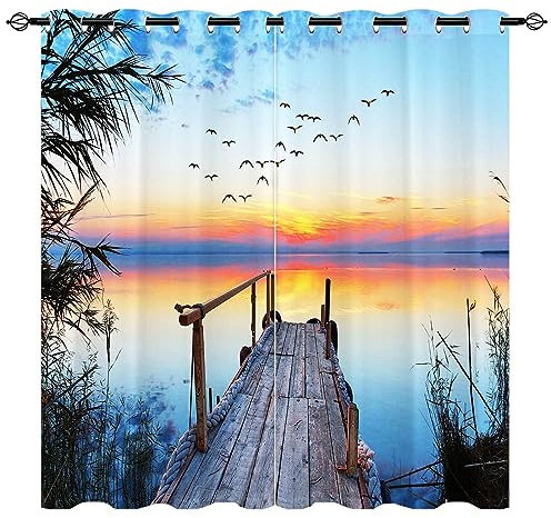 YUANZU Landschaft Vorhänge Holz Brücke Fluss See Szene Vögel Ösen Gardinen mit Blickdichte Vorhang Kälteschutz Blackout Curtain Wohnzimmer Schlafzimmer Verdunkelung Fenster, 2 Stück, H 114 x B 132 cm