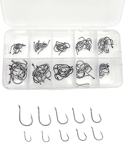 JZK 100 pièces Assorties Tailles 3 4 5 6 7 8 9 10 11 12, hameçons de pêche en Acier au Carbone avec Yeux, Petits hameçons avec ardillon, hameçons de pêche circulaires avec boîte en Plastique