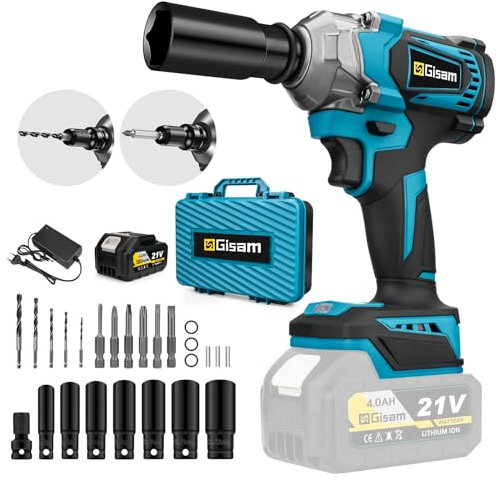 650Nm Pistola de Impacto a Bateria, 1/2 Pulgadas Llave de Impacto con 4.0Ah Batería y Llaves de Vaso, 18 pzs. para Coche, Maquinarias, Soportes para Edificio