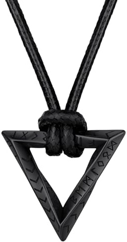 FaithHeart Collar Vikingo Hombre Runas Acero Inoxidable 316L Colgante Mobius Triángulo Cadena Negra PU Collar Hip Hop Amuleto