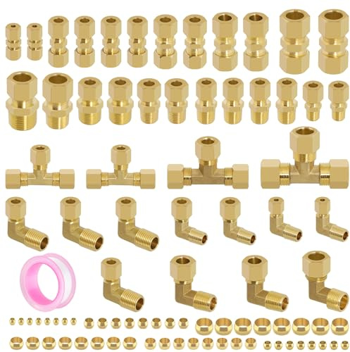TRUSTKITS 88 Pcs Brass Compression Tube Pipe Fittings Kit, 1/8 1/4 5/16 3/8 1/2 Compression Connector Assortment with Sleeves Ferrules, Straight Union Coupling, Elbow, Tube Tee