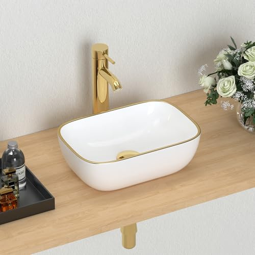 J-FAMILY Modern Bathroom Small Vessel Sink Above Counter Compact Porcelain Ceramic Wash Basin Gold Trim Decoration Lavatory Wash Hand Basin,365 x 250 x 115mm