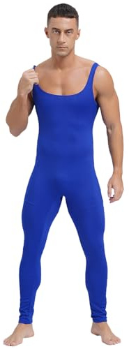 Runhomal Men's Full Body Tight Jumpsuit Unitard Square Neck Bodysuit Stretch Striped Rompers Blue L