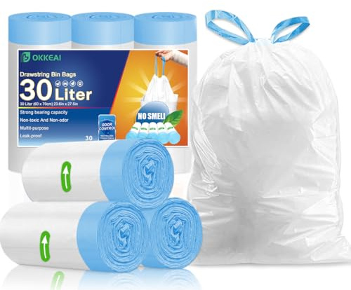 OKKEAI Reißfeste Müllbeutel 30L Mit Zugband, Weiß, 30 Stück | Stabile, Reißfeste Küchenmüllsäcke, Auslaufsicher, Geruchsneutral, Mit Praktischem Tragegriff