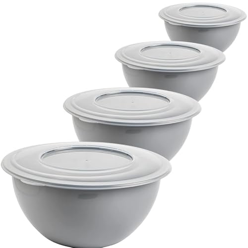 SUSTANIA 4x Schüssel mit Deckel 5l, Rührschüssel Set, Salatschüssel mit Deckel, Schüssel Set, Plastikschüssel BPA-frei, hell grau Schüsseln, Rührschüssel mit Deckel, Ø 28 cm, Model Leya, Made in EU