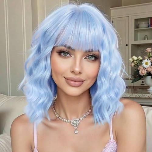 Colorfulpanda Kurze hellblau Wellig Perücke für Frauen, natürliches synthetisches Haar Bob Perücken mit Pony für Alltag/Party/Cosplay Kostüm Wig,35cm