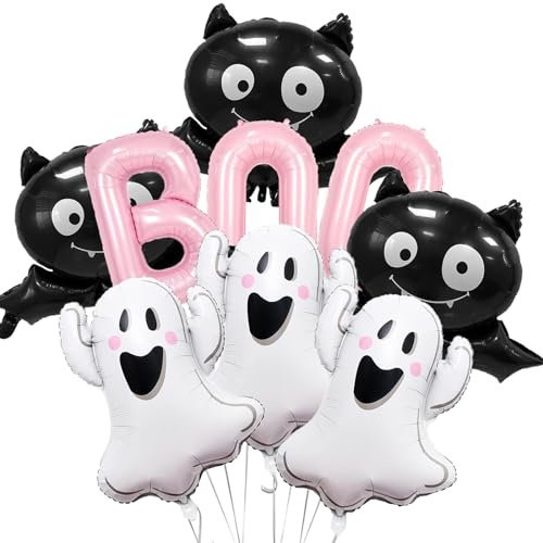 Cheosruy 9Pcs Halloween Balloons Decorations - Pink, Black, White - Ghost, Bat - Self Sealing - Halloween, Birthday, Baby Shower - Girls