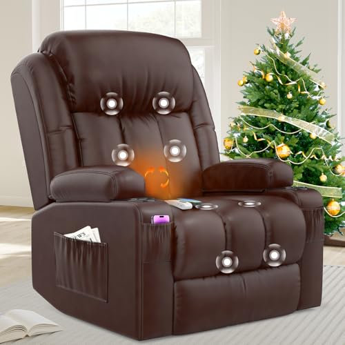 BareTay Fernsehsessel Massagesessel Elektrisch Relaxsessel mit Liegefunktion Aufstehhilfe, Massage Heizung, Fußteil, Getränkehalter 4 Seitentaschen,TYP C & USB-Anschlüsse Leder Sessel
