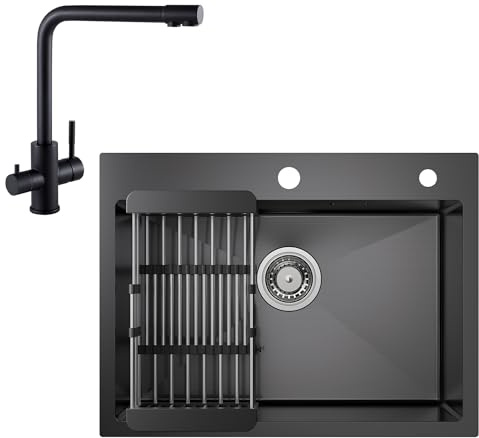 CECIPA Fregadero Negro Antracita 60 x 45 Cm + Grifo Cocina 3 Vías, Fregadero De Cocina Con Escurridor y Sifón, Fregadero De Cocina 1 Seno Cuadrado, Fregadero Encastrable Con 2 Orificios