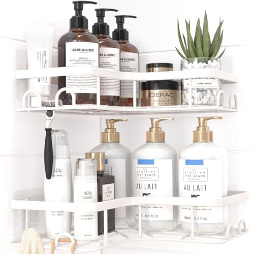 Kitsure Corner Shower Caddy - 2 Pack Rustproof Shower Organizer, Durable Shelf with Large Capacity, Drill-Free Adhesive Bathroom Shelves with 4 Movable Hooks, a Soap Holder, Large, White