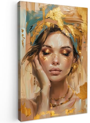 MuchoWow© Impression sur Toile Photo Peinture Tableau Decoration Murale | 80x120 cm - Chambre Salon Maison Deco Cuisine Femme - Portrait - Or - Luxe