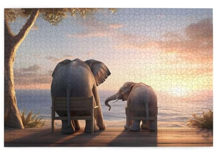 Mexpekil 1000 Teile Puzzles für Erwachsene Afrikanischer Elefant Sonnenuntergang Holzpuzzles Herausfordernde Puzzlespiele für Jugendliche Geschenke