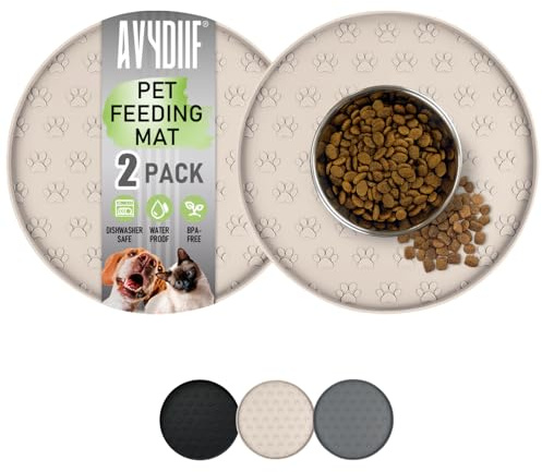 AVYDIIF 2 stück Napfunterlage für Hund Katzen[28cm x 28cm], hundenapf unterlage fressnapf Hund Futtermatten aus Silikon wasserdichte rutschfeste Fressnapf mit Rand (2 Beige, 28cm x 28cm)
