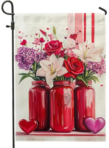 Bandiera da giardino floreale di San Valentino, rosa e gigli rossi in vaso per decorazione della casa, bandiere da giardino, bandiera da giardino, bandiera da giardino, decorazione per prato