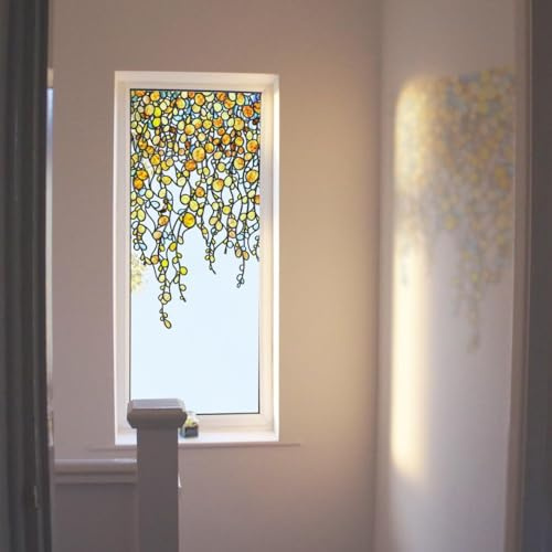 ChicSkin Stained Glass Window Stickers, Original Hand Drawn Glass Covering Decal, Static Cling Window Clings No Glue Boho Sunset Vine Transparent 33X58CM