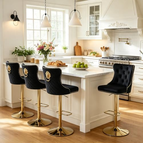 Chummaven Samt Barhocker höhenverstellbar 4er Set goldene Barstuhl Schwarz | Drehbar, gepolstert, mit Lehne Fußstütze Metallgestell, Löwenkopf-Ring, Küchenhocker Tresenhocker für Kücheninsel, Hausbar