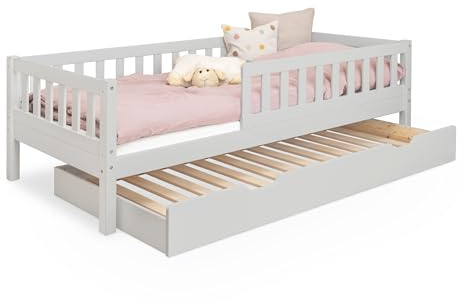 Ehrenkind® Kinderbett Lille | Kinderbett 90x200 cm inkl. abnehmbaren Rausfallschutz und Schubladen aus Massivholz FSC® zertifziert | Jugendbett 90x200 Hellgrau