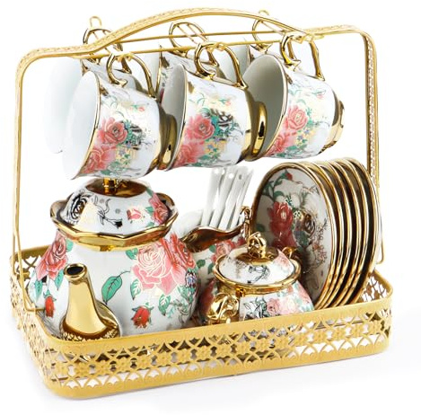 Vintage Tea Set for Adults - Porcelain Afternoon Tea Sets, 22Pcs Bone China Tea Sets with Teapot, Sugar Bowl, Milk Jug, Cups & Saucers for Women, Party, Wedding