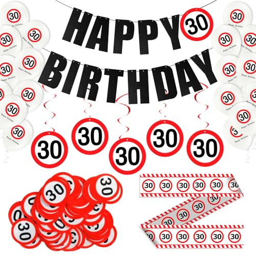 30 Geburtstag Deko für Männer & Frauen, Happy Birthday Decorations Set mit Girlande, Konfetti, Spiralen, Absperrband 30 Schild für Geburtstag und Latex-Ballons, Verkehrsschild zum 30 Jahre