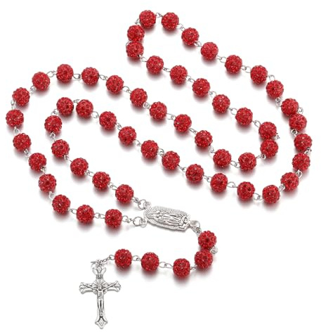AFSTALR Rosenkranz Kette mit Strasssteine Rosary für Damen Rosenkranzperlen Halskette mit Jungfrau Maria und Kreuz Anhänger Gebetskette Necklace für Taufe Hochzeit Kommunion Party