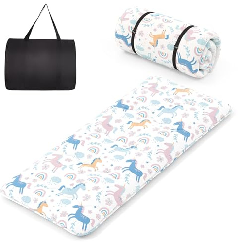 COSTWAY Matelas Futon Portable Pliable, Matelas Futon Japonais 90 x 200 cm, Housse Lavable, Matelas de Sol avec Sac de Transport, pour Le Camping, Les Voyages, d'Invités, Poneys Multicolores