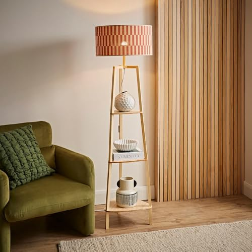 ValueLights | Hiru Shelf Tripod Floor Lamp with Orange Checkerboard Bamboo Shade and Bulb | Floor Lamps, Home Décor & Improvement Essential