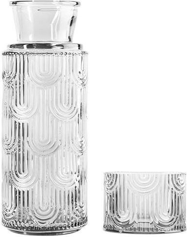 European Vintage Glass Water Jug And Cup Set, 640Ml Carafe & 180Ml Glass With Lid, Modern Design For Nightstand, Bathroom, Or Kitchen,