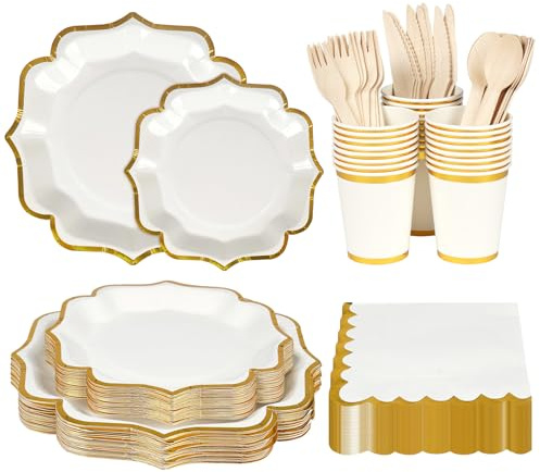 Anstore White 25 Guests Party Tableware, 200 Pcs Vintage Paper Plates & Cutlery Set Sustainable, Reusable Durable Tableware Including Napkins, Knives, Spoons, Paper Cups & Plates for Wedding Birthday