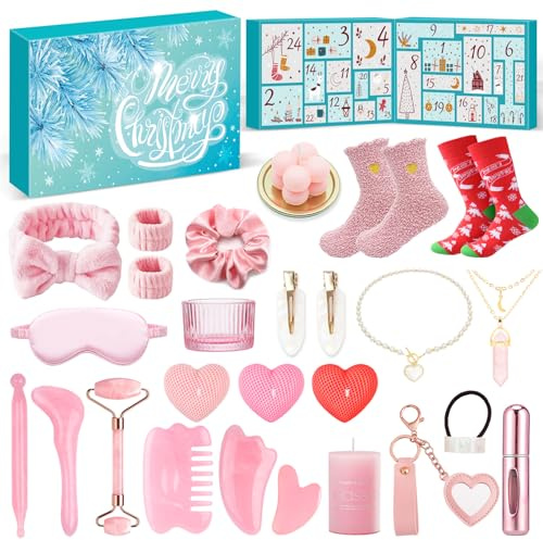 MOVINPE Gadget Advent Calendar for Women Teenage Girls 2025 Christmas, 24 Days Useful Blind Box Gifts, Gua Sha Facial Tools, Jade Roller Set, Jewelry, Scented Candles, Fuzzy Socks Gadget Tools