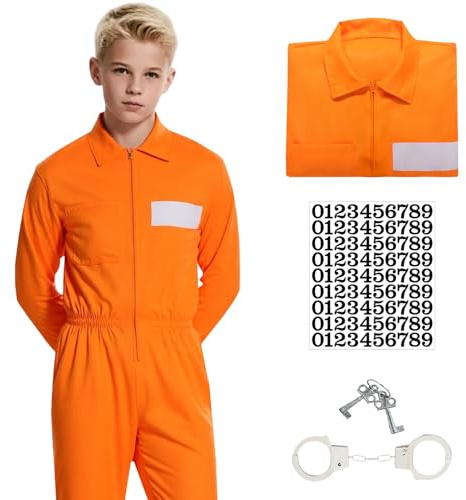 Solorass Häftling Kostüm Kind Herren Orange – Sträfling Gefängnisoverall mit Handschellen & Nummer – Prisoner Costume Halloween Verkleidung für Erwachsene Damen Herren Karneval (Kind, L)