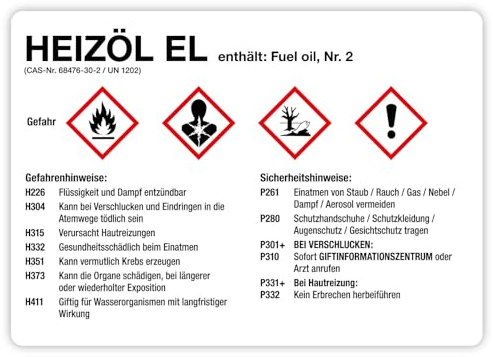 Aufkleber Kombi + Warnhinweise „HEIZÖL EL“ Brandschutz Sticker Kennzeichnung Gefahrensymbole gemäß CLP/GHS-Verordnung | Größe wählbar Made in Germany, Größe: 29,6 x 21 cm