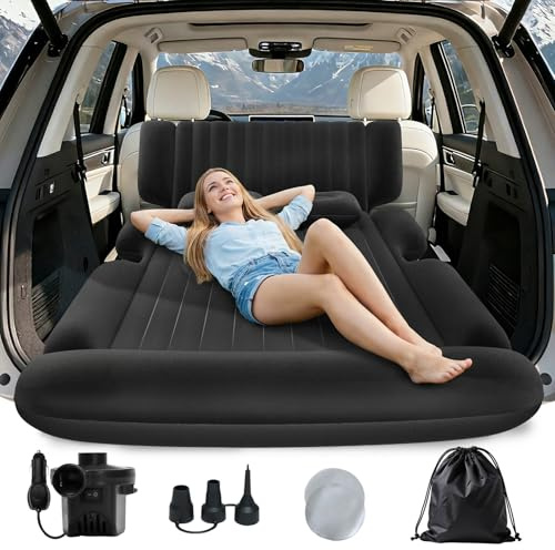 Abdtech SUV Air Mattress - Thickened Car Air Mattress with Electric Pump, Portable Inflatable Car Bed with 2 Pillows, Camping Mattress Back Seat for SUV Trunk, Travel, Home (Black)