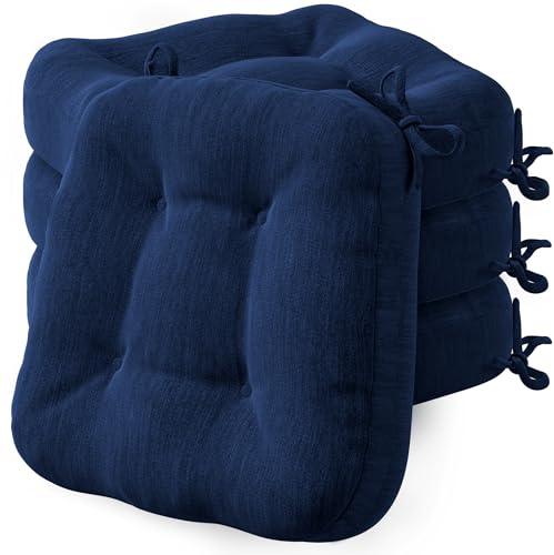 Codi Stuhlkissen 40 x 40 cm, 4er-Set, 8 cm dick, Sitzkissen Outdoor | Marineblau, Memory-Foam-Füllung, wasserabweisender Bezug, rutschfester Halt mit Bindebändern, für Gartenstühle und Balkon