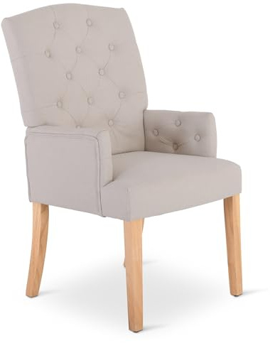 Raburg Esszimmerstuhl, Chesterfield-Design, Polsterstuhl, eleganter Armlehnen-Stuhl, Steppung, Landhausstil, Küchenstuhl, Belastbarkeit 110 kg, Victoria, Bezug Beige|Beine Holz Natur