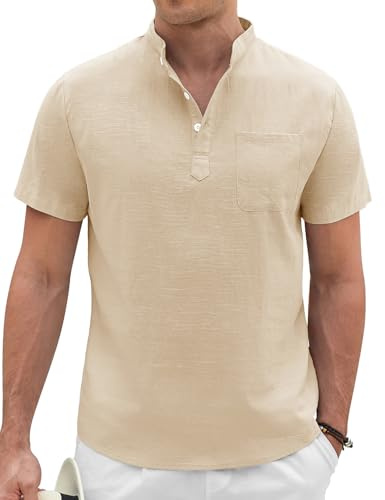 Voqeen Camicia Lino Uomo Henley Magliette Manica Corta Casual Estive T Shirt Lino da Spiaggia Senza Colletto con Bottoni E Tasca