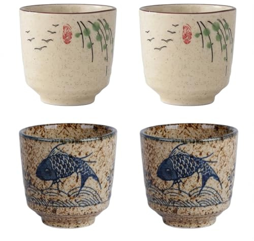 Echo d'Asie Tasses en céramique Japonaise - 16cl×4 - idéale pour le café expresso,thé,Sake -sans anse- style rétro-design artisanal- cadeau unique- décoration maison(brun,beige)