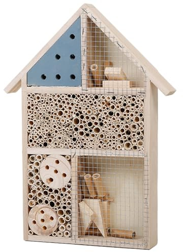 Bienenhaus, 25, 4 x 35, 6 x 5, 1 cm, Naturholz, sichtbarer Garten, Bienenhotel mit verschiedenen Räumen, stabiles DIY-dekoratives Schmetterlingshaus für Marienkäfer, Florfliegen, Libellen