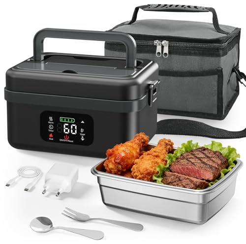 Reomdara Fiambrera Eléctrica Calentada 1 L, Fiambrera Calentada 60W con Calefacción Programable, Acero Inoxidable Desmontable para Coche Camión Oficina, Negro y Gris