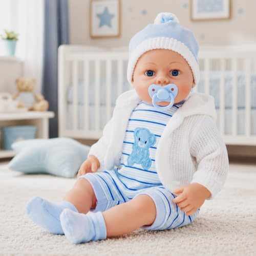 The Magic Toy Shop BiBi Doll 18-Inch Baby Doll Skye with 16 Sounds – Realistic Newborn Boy with Dummy, Soft Body, Vinyl Limbs & Removable Blue Outfit – for Girls, Boys & Toddlers 18 Months+