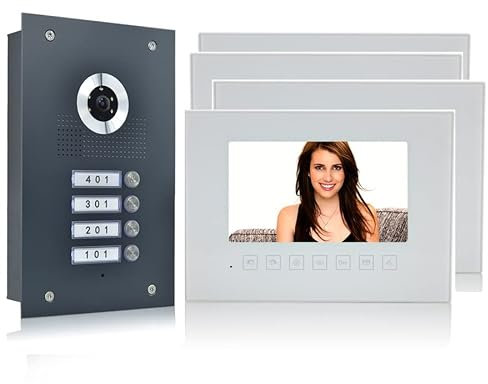MATHFEL 2 Draht 4 Familienhaus Türsprechanlage Gegensprechanlage Fischaugenkamera 170°, Farbe: Anthrazit, 4x7'' Monitor weiß Außenstation Edelstahl