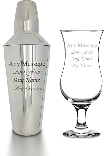 Personalised Engraved Cocktail Shaker with Strainer and Pina Colada Glass, Perfect for Any Cocktail Lover, Great for Any Occasion