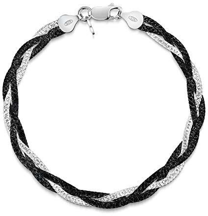Amberta Pulsera para Mujer en Plata de Ley 925 Eslabon Herringbone 5 mm Longitud 19 cm: Plata y Rodio Negro