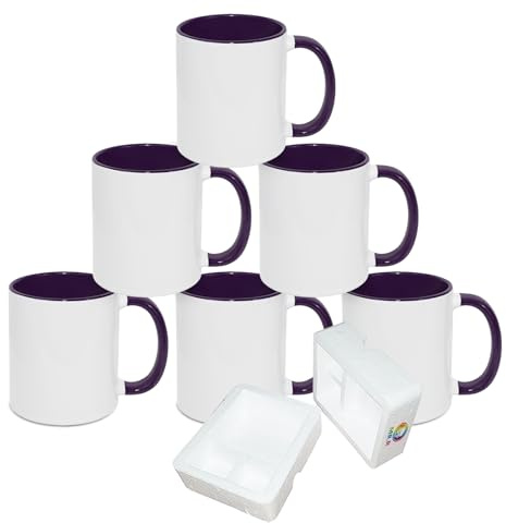 MR.R Tasses à café vierges de sublimation de 11 oz, tasse de tasse blanche vierge avec intérieur et poignée de couleur violette, lot de 6