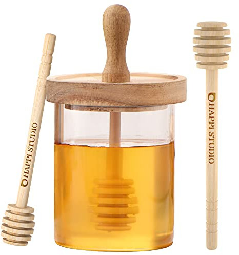 HAPPI STUDIO Honigtopf mit Dipper und Deckel, Honigglas aus Glas mit Dipper, Honigspender, kein Tropfen, Honigbehälterspender, Bienenhonighalter, Honigbehälter, Glasaufbewahrung, 383 ml (Holzdeckel)