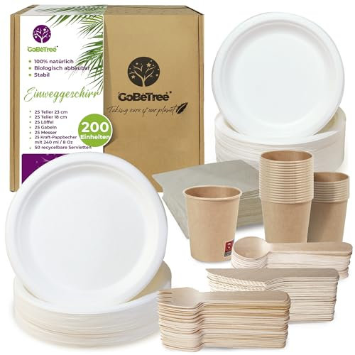 Vaisselle jetable de 200 pièces pour 25 personnes. Vaisselle écologique en bagasse de canne à sucre. Comprend 50 assiettes, 75 couverts en bois, 25 gobelets en carton kraft et 50 serviettes