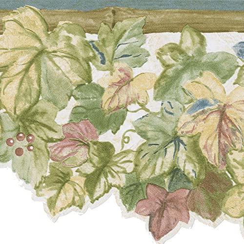 CONCORD WALLCOVERINGS Frise de papier peint motif floral feuilles de lierre et baies pour salon Cottage, vert, beige, blanc, bleu, rouge, 17 cm x 4,6 m 30385382B