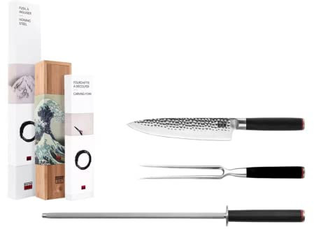 Le Set Grillades 3 pièces : Gyuto (couteau de chef) + fourchette à découper + fusil à aiguiser